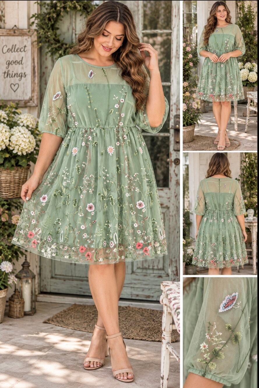 BloomChic 1X 14-16 Floral Embroidered Mesh Maxi Dress Sage Green